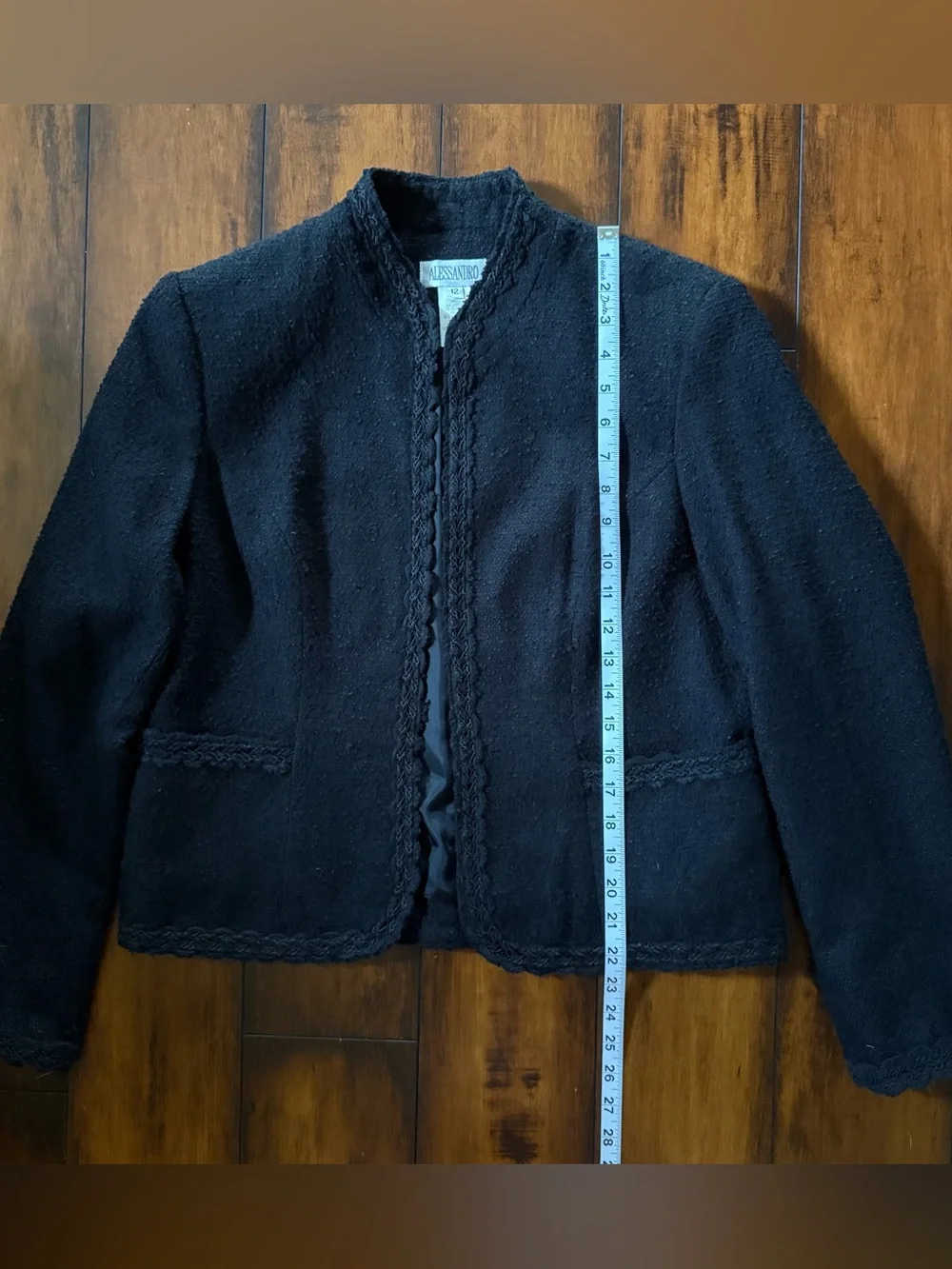 Vintage Alessandro Black Open-Front Textured Braided-Trim Blazer Jacket -Size 12